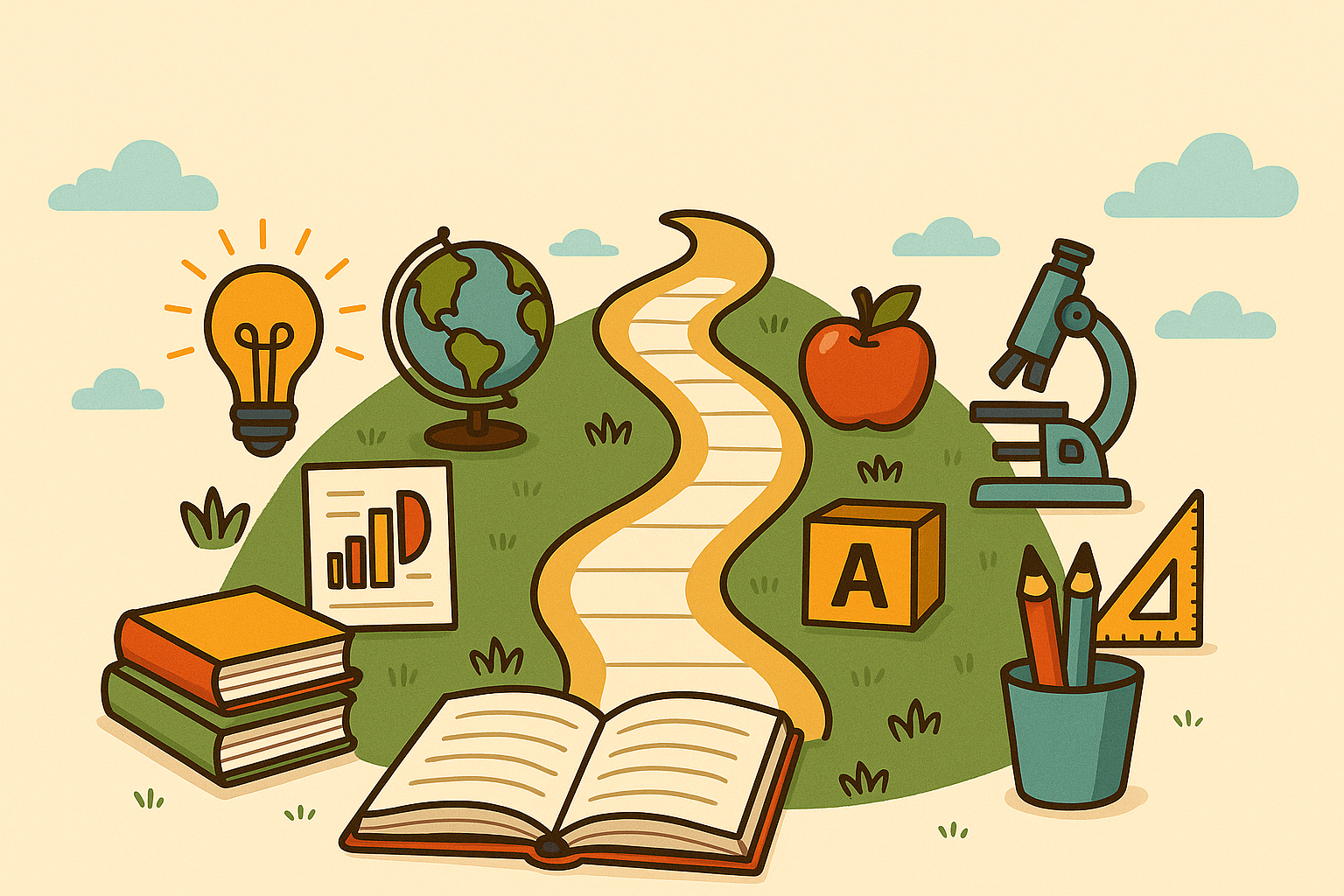 Educational journey with books and learning materials